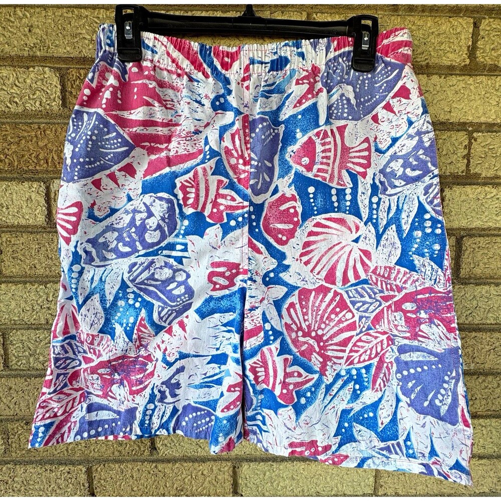 Vintage C'est Joli Women’s Shorts M Blue Pink White Fish Print with Drawstring